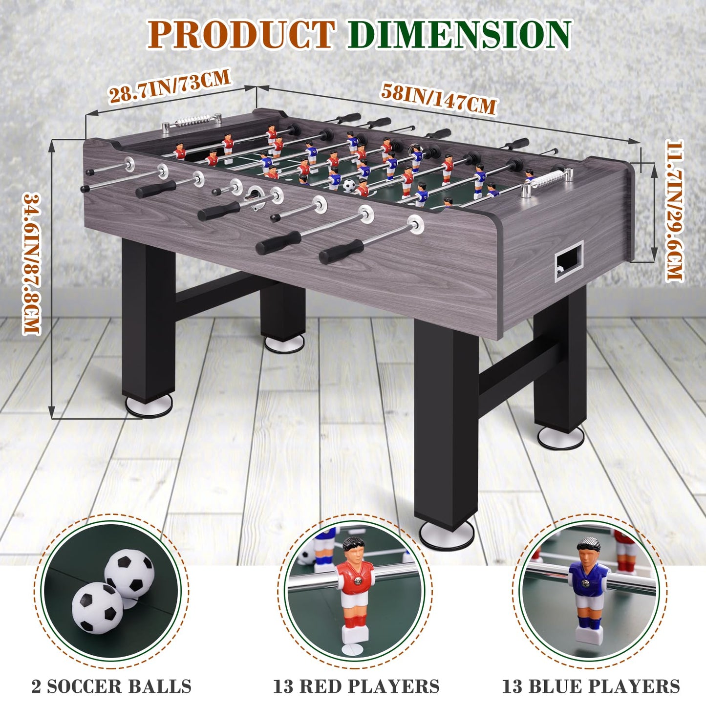 58 Inch Large Size Foosball Table Adult Size, Full Size Soccer Game Table w/2 Balls, Leg Levelers & Heavy-Duty Legs, Durable Arcade Football Table for Game Room, Home, Office, Party
