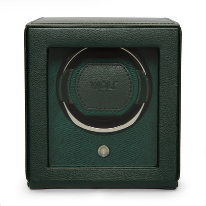 Wolf Cub Single Watch Winder with Glass Cover, Green - Secure Fit with Patented Lock-in Dynamic Cuff - Accommodates All Wrist Sizes - Vegan Leather - Includes Universal Adapter