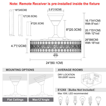 24 Inch Fandelier Ceiling Fan with Light and Remote, Luxury Crystal French Rococo Chandelier Fan, Bladeless Enclosed Caged Pendant Light Fixture for Living Room, Bedroom, Dining Room, Kitchen Island