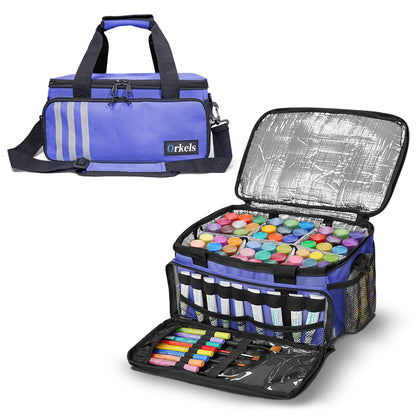 ORKELS Craft Paint and Marker Organizer, Acrylic Paint Storage Bag with Brush and Bottle Holders, Large Marker Carrying Case for Artists (Purple)