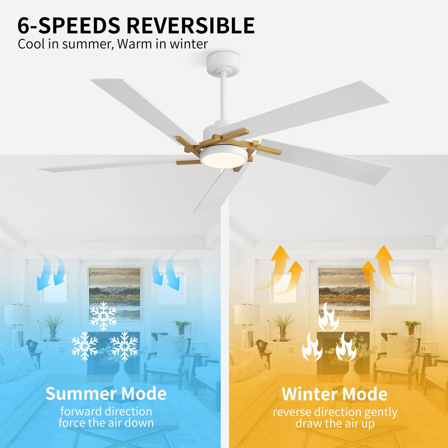 WINGBO 64 Inch Ceiling Fan with Light and Remote, 5 Plywood Blades, 6-Speed Reversible DC Motor, Dimmable, 3CCT, Modern Ceiling Fan for Bedroom Living Room Kitchen, Gold and White