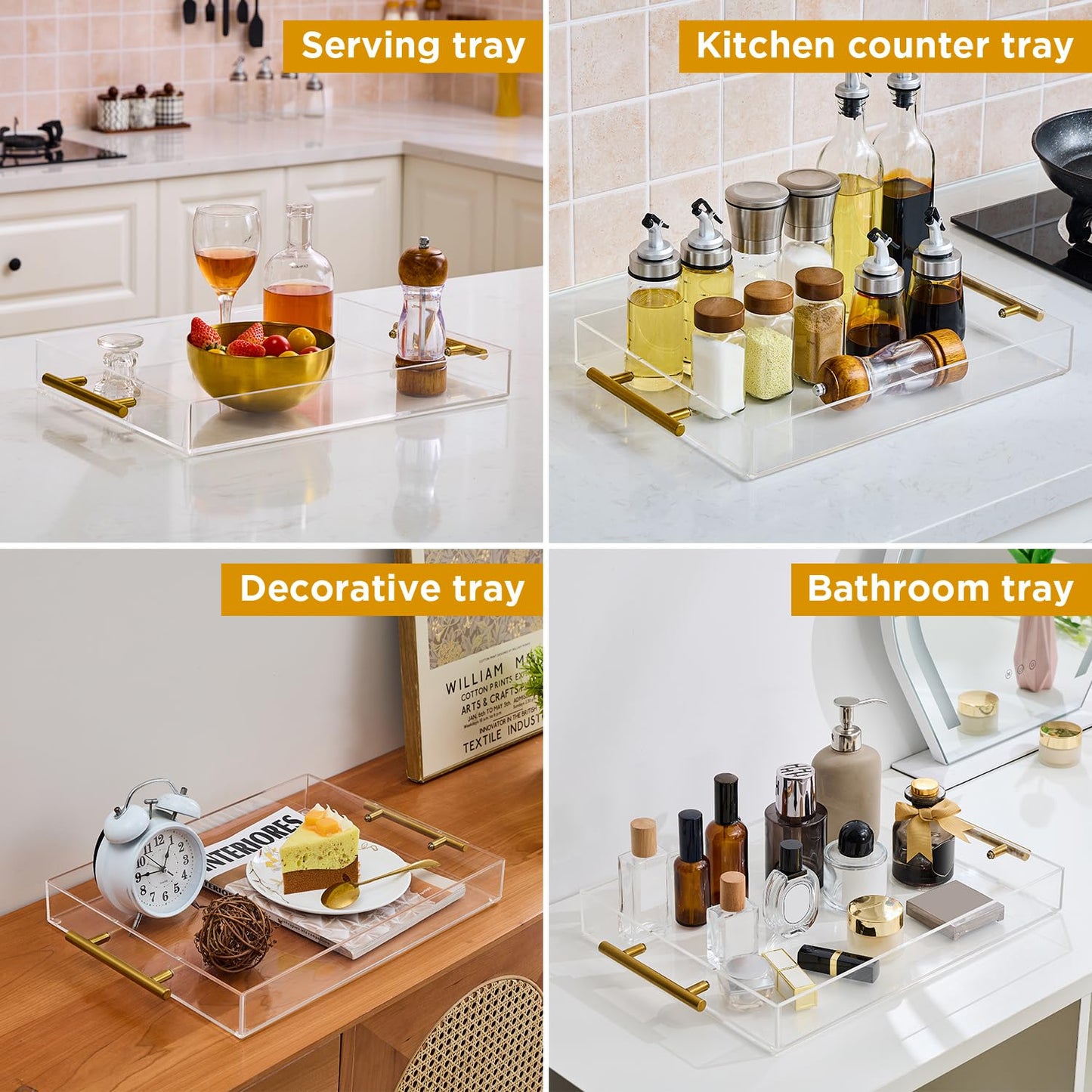 12"x16" Clear Acrylic Serving Tray with Golden Handles, Sturdy Huge Capacity Acrylic Tray for Coffee, Juice, Kitchen and Desk Organizer, Storage Tray (12"x16")