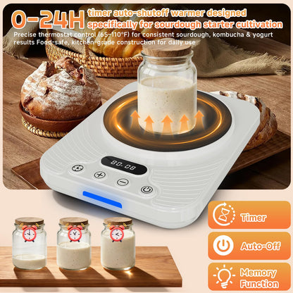Sourdough Starter Warmer Mat with 1°F Precision (65–110°F), 24H Timer & Memory, Heating Pad for Bread Proofing & Fermentation, Fits 24–40oz Jars for Home Baking（White）