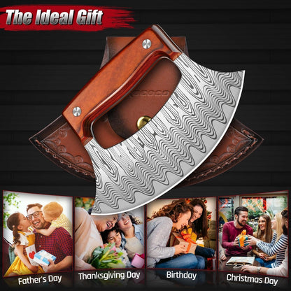 ROCOCO Pizza Cutter Ulu Knife – Full Tang Mezzaluna Rocker Chopper with Sheath for Kitchen, Camping, BBQ, Gifts for Men Women