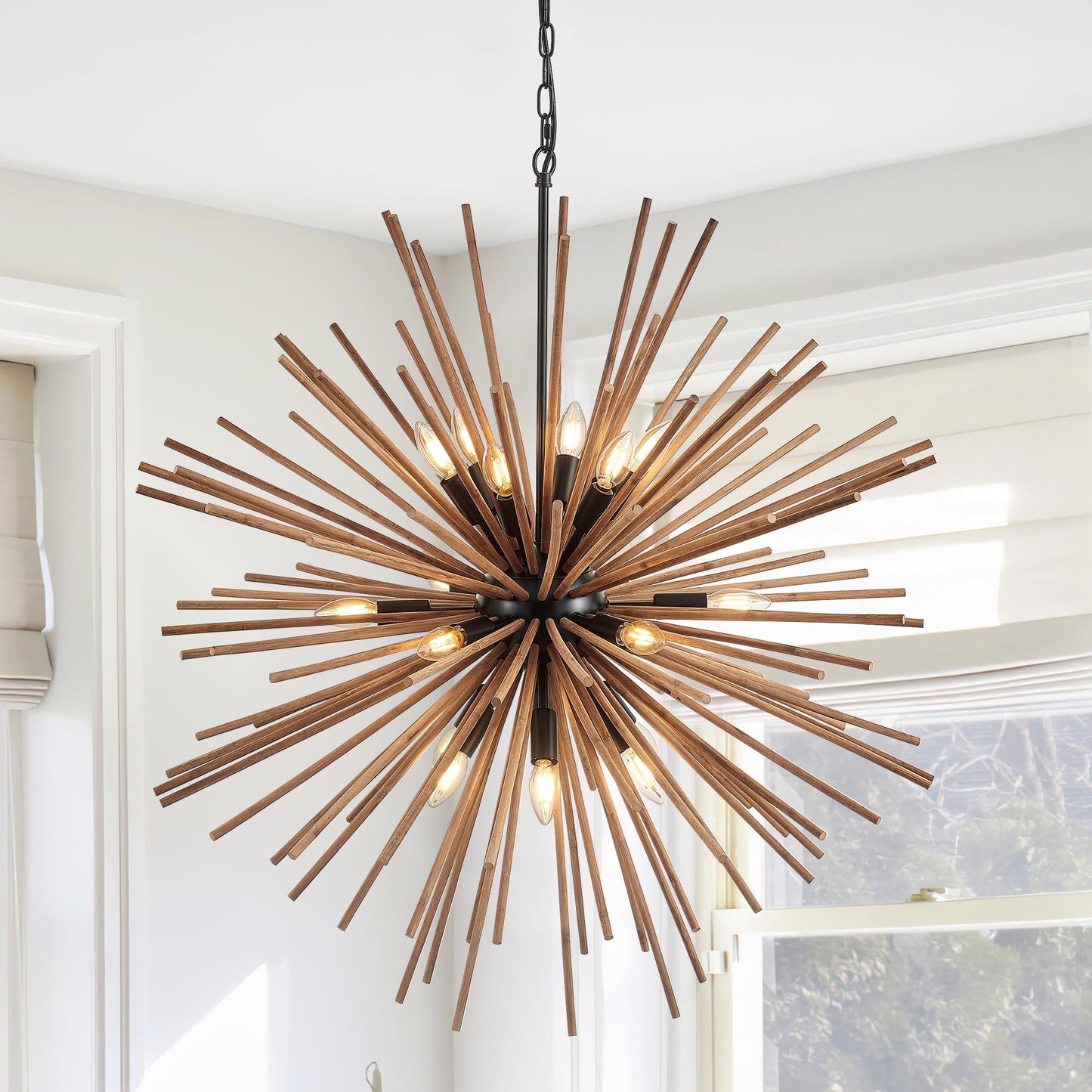lighceac 37.4" Farmhouse Sputnik Chandelier for Dining Room Rustic Handmade Natural Wood 18-Light Hanging Ceiling Pendant Light Fixture Starburst Wood Chandeliers for Kitchen Bedroom Foyer Hallway