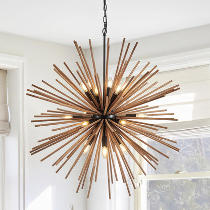 lighceac 37.4" Farmhouse Sputnik Chandelier for Dining Room Rustic Handmade Natural Wood 18-Light Hanging Ceiling Pendant Light Fixture Starburst Wood Chandeliers for Kitchen Bedroom Foyer Hallway