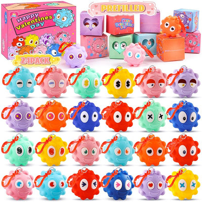 Valentines Day Gifts for Kids, 24 PACK Prefilled Valentines Box with 3D Pop Fidget Ball, Valentines Party Favors, Valentines for Class Boys Girls, Kids Valentines Day Gifts for School Classroom