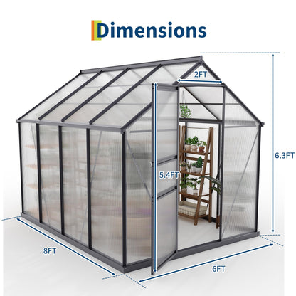 Garvee 6x8 FT Outdoor Greenhouse - Quick Setup Structure, Polycarbonate with Lockable Door, 2 Roof Vents, Aluminum Walk-in Heavy Duty, Perfect for Garden Backyard