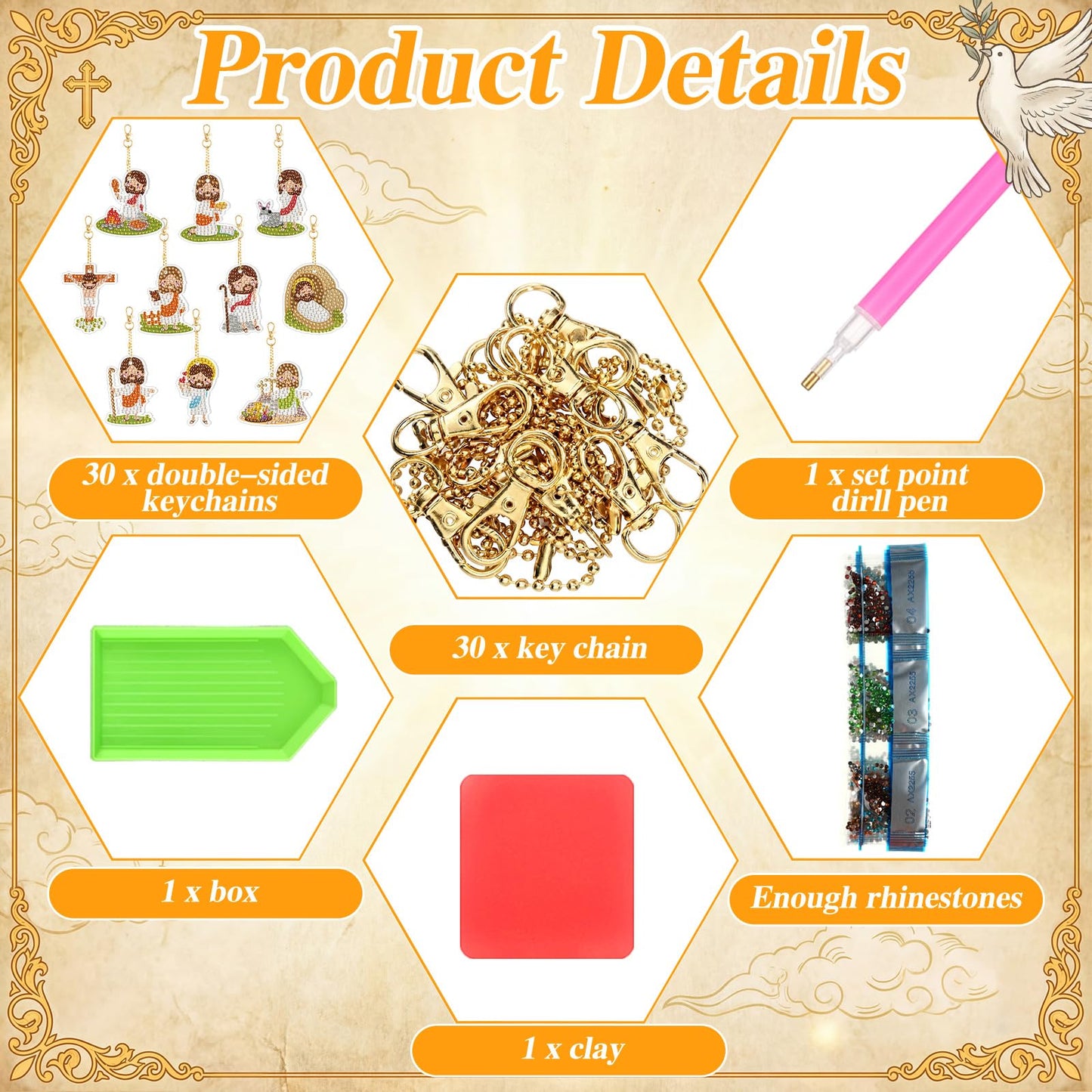 WILLBOND 30 Pcs Mini Jesus Diamond Art Keychain Kits for Adults Christian Jesus Diamond Painting Keychains Double Sided DIY Religious Cross Keyrings for Church Catholic Sunday Easter Beginners Gifts