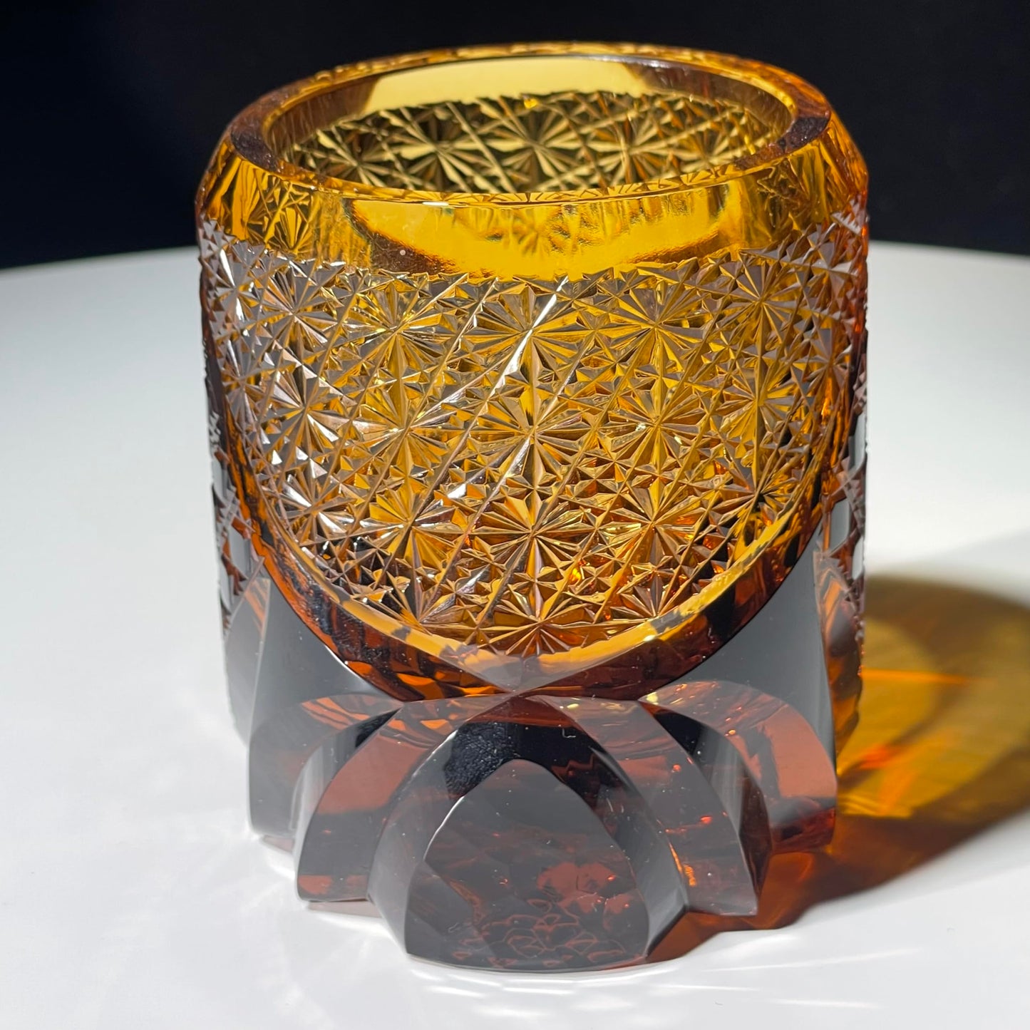 KazeoKoi Kazeako Crystal Whiskey Glasses, Amber Japanese Edo Kiriko Hand Cut Crystal, Vintage Textured Design, Bourbon Cocktail Tumbler, 2 Pack with Gift Box and Coasters (amber)