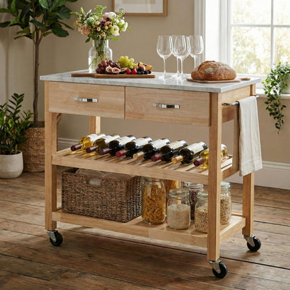 Casaphoria Amanda Collection Solid Wood Kitchen Island, 42" Butcher Block Cart with Cultured Marble Top & Locable Wheels, Prep Table for Small Spaces (Natural)