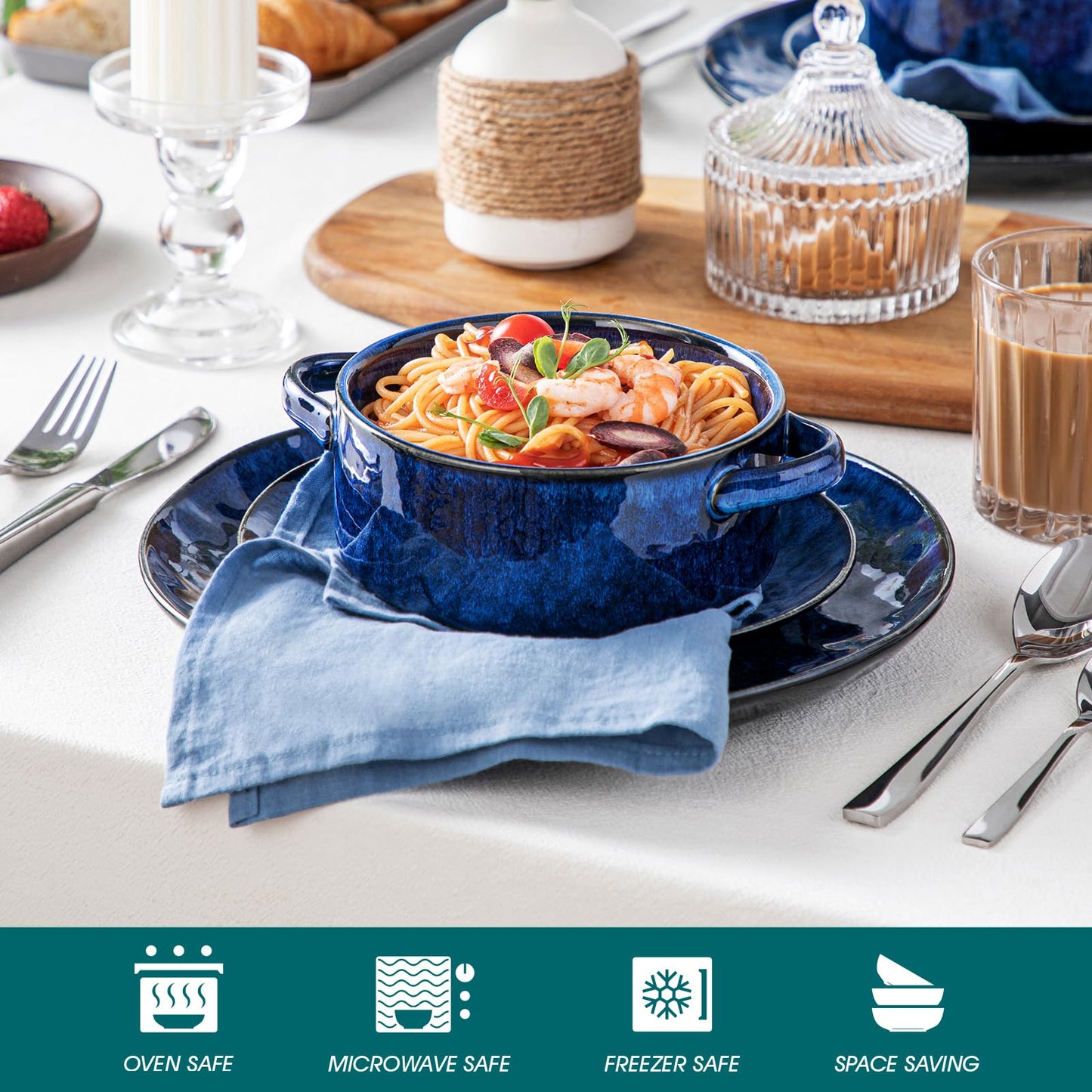 vancasso Starry Soup Bowls with Handles, 30 Oz French Onion Soup Bowls, Oven safe soup bowls for Cereal, Pasta, Chilli, Stew, Large Soup Crocks Set of 4, Blue