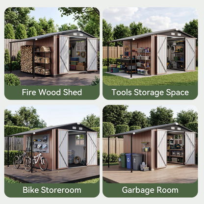 Aoxun 8x12 FT Outdoor Storage Shed with Open Firewood Storage,Galvanized Steel Garden Shed with Lockable Doors,Sloped Roof,Windows, 2 in 1 Large Metal Tool Shed for Patio, Backyard, Lawn (Brown)