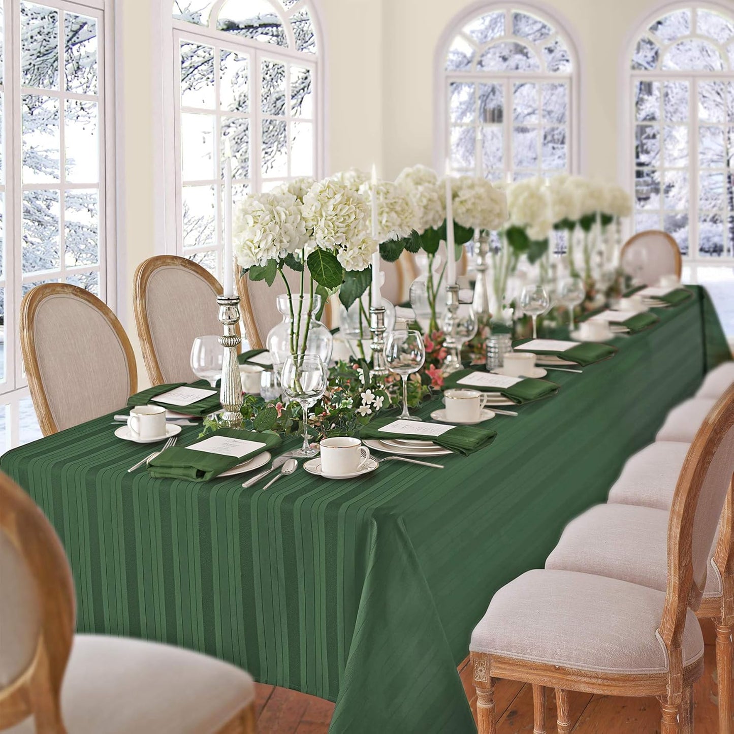 Newbridge Satin Stripe No-Iron Tablecloth, Soil Resistant Fabric with Set of 4 Napkins, Hunter Green