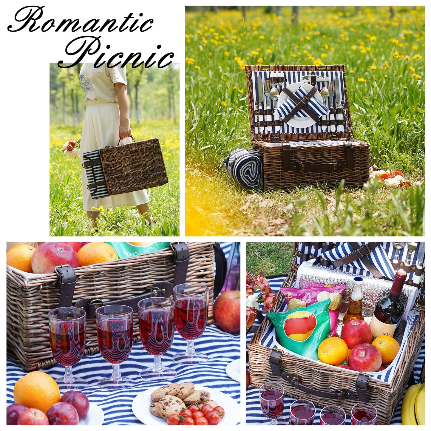 Picnic Basket for 4 Persons - Baskets with Cooler and Picnic Blanket, Classical Wicker Picnic Basket with Waterproof & Sand-Proof Beach Mat,Willow Hamper Service Gift Set