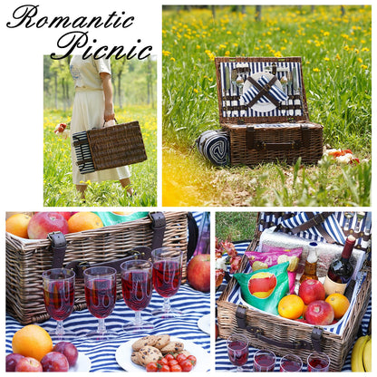 Picnic Basket for 4 Persons - Baskets with Cooler and Picnic Blanket, Classical Wicker Picnic Basket with Waterproof & Sand-Proof Beach Mat,Willow Hamper Service Gift Set