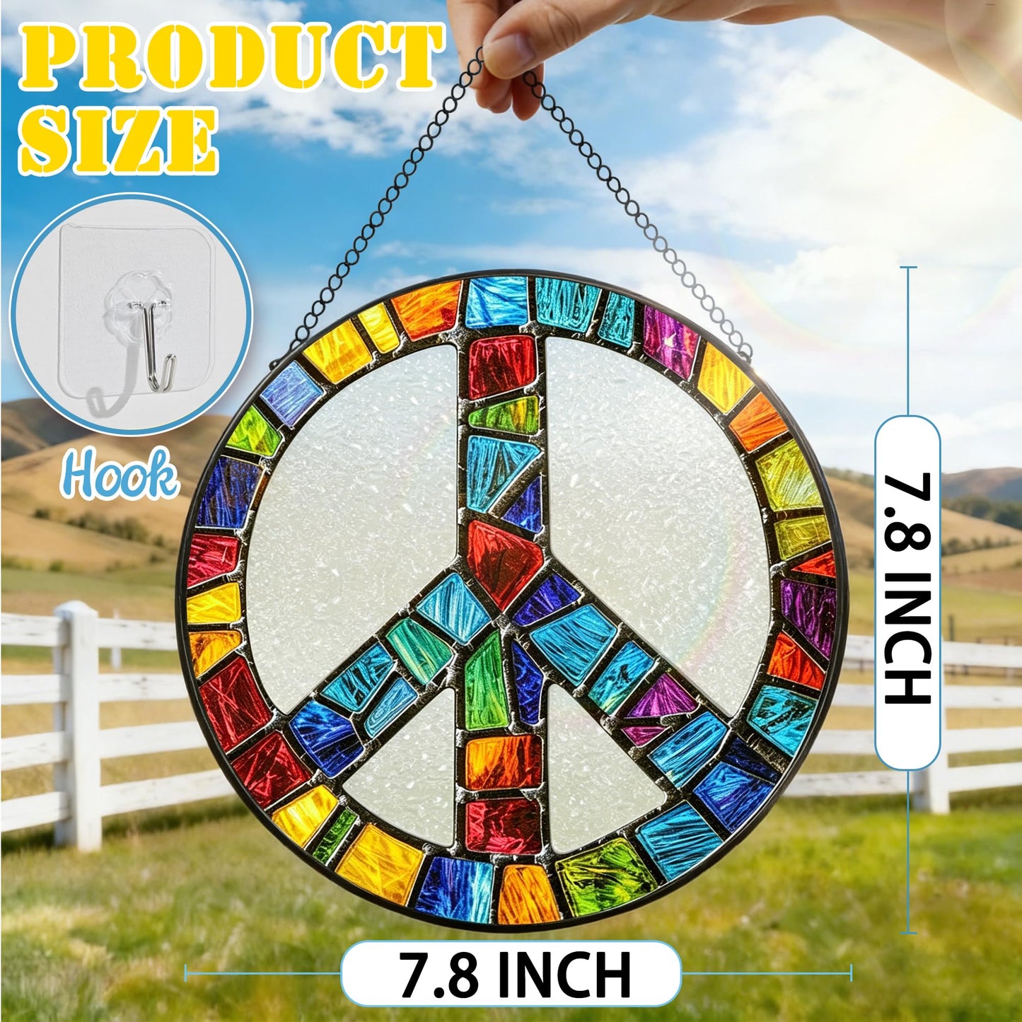 Stained Glass Window Hanging, 7.8 Inch Peace Sign Hippie Stained Glass Suncatcher Ornament, Suncatchers for Windows Hanging, Peace Symbol Decor, Hippie Gifts, Christmas Birthday Gifts for Women