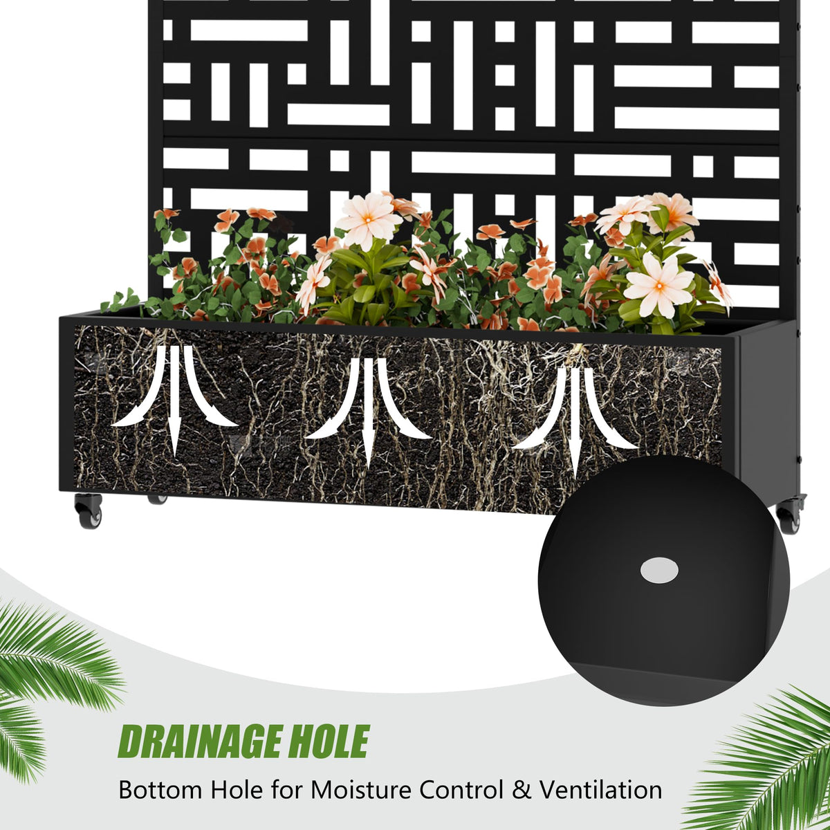 Wooakway Raised Garden Bed with Trellis, 72" H x 47" W Metal Planter Box with Privacy Screen and Wheels, 52 Gal Large Outdoor Mobile Planter for Patio, Balcony, Backyard, Climbing Plants, Black