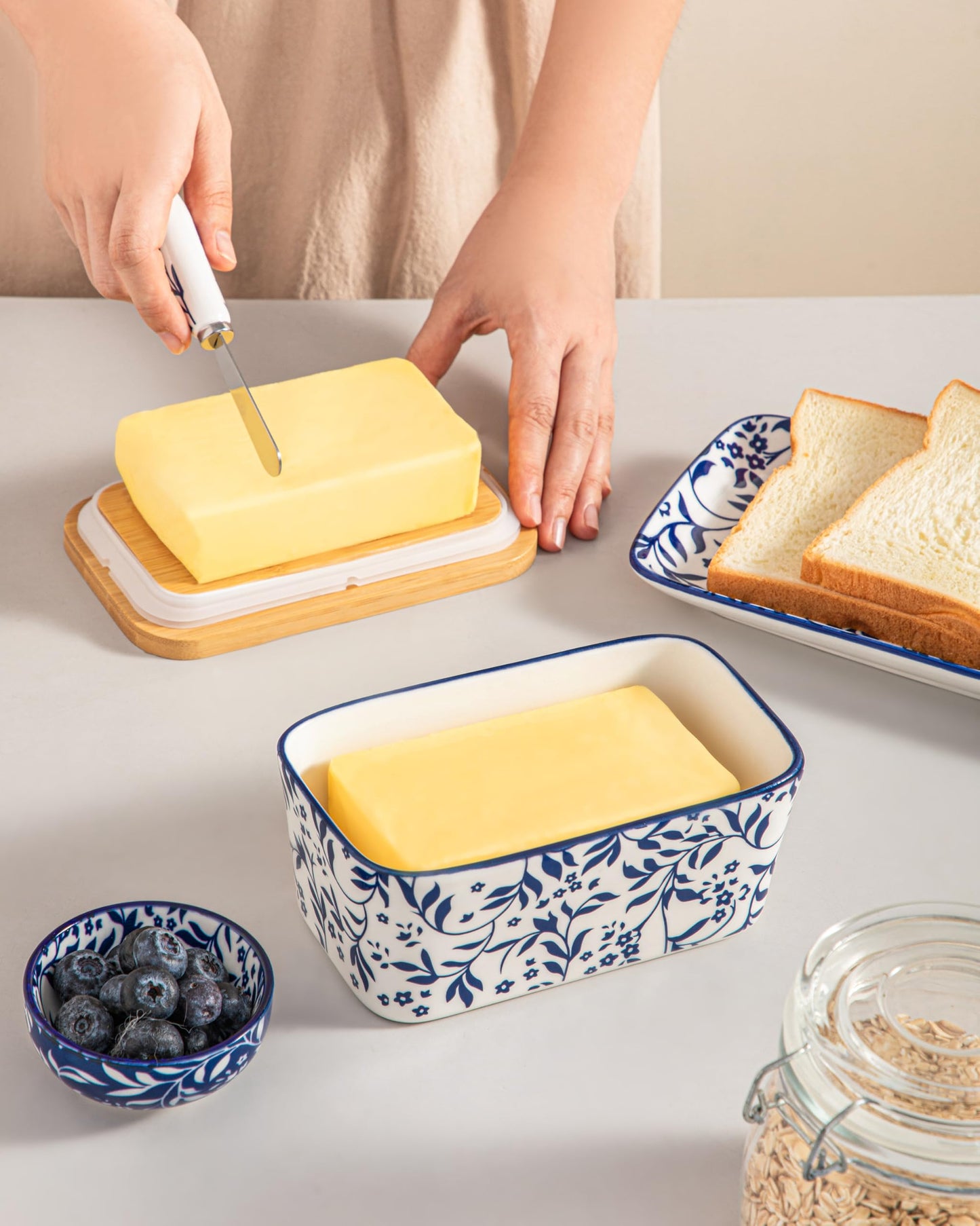 vancasso SELENE Butter Dish with Lid, 6.5" Large Butter Dish for Countertop, Ceramic Butter Keeper Container with Knife and Bamboo Lid, Delicate Floral Pattern