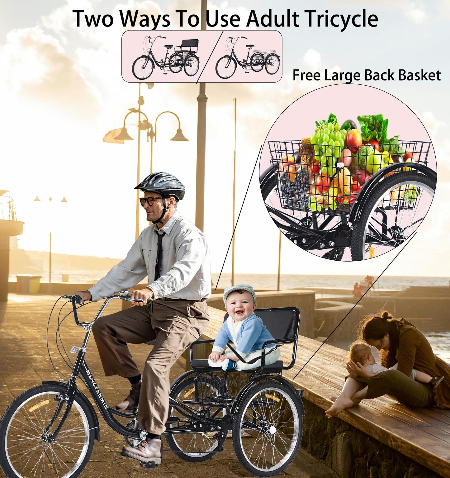 VHCLYBJU Adult Tricycle Foldable with Child seat 3 Wheel Bicycle for Ladies Tricycle with Basket with Back seat 20/24in Bikes Maximum Load 550lbs Shock Absorbing Fork Adult-Unisex (24in-7speed-black)