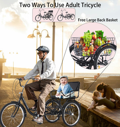 VHCLYBJU Adult Tricycle Foldable with Child seat 3 Wheel Bicycle for Ladies Tricycle with Basket with Back seat 20/24in Bikes Maximum Load 550lbs Shock Absorbing Fork Adult-Unisex (24in-7speed-black)