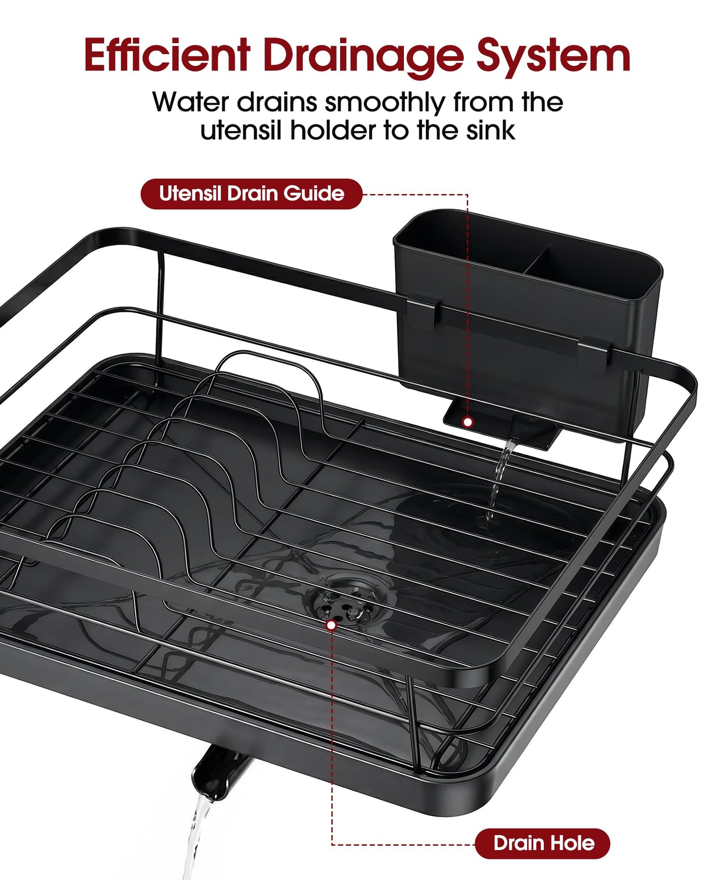Sakugi Stainless Steel Dish Drying Rack for Kitchen Counter, Sink Organization and Storage Essentials with Silverware & Utensil Holder, Home and Apartment Decor, 12''W x 15.5''L, Black