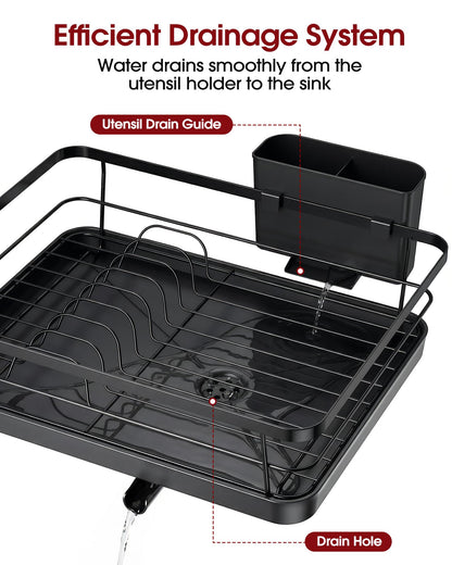 Sakugi Stainless Steel Dish Drying Rack for Kitchen Counter, Sink Organization and Storage Essentials with Silverware & Utensil Holder, Home and Apartment Decor, 12''W x 15.5''L, Black