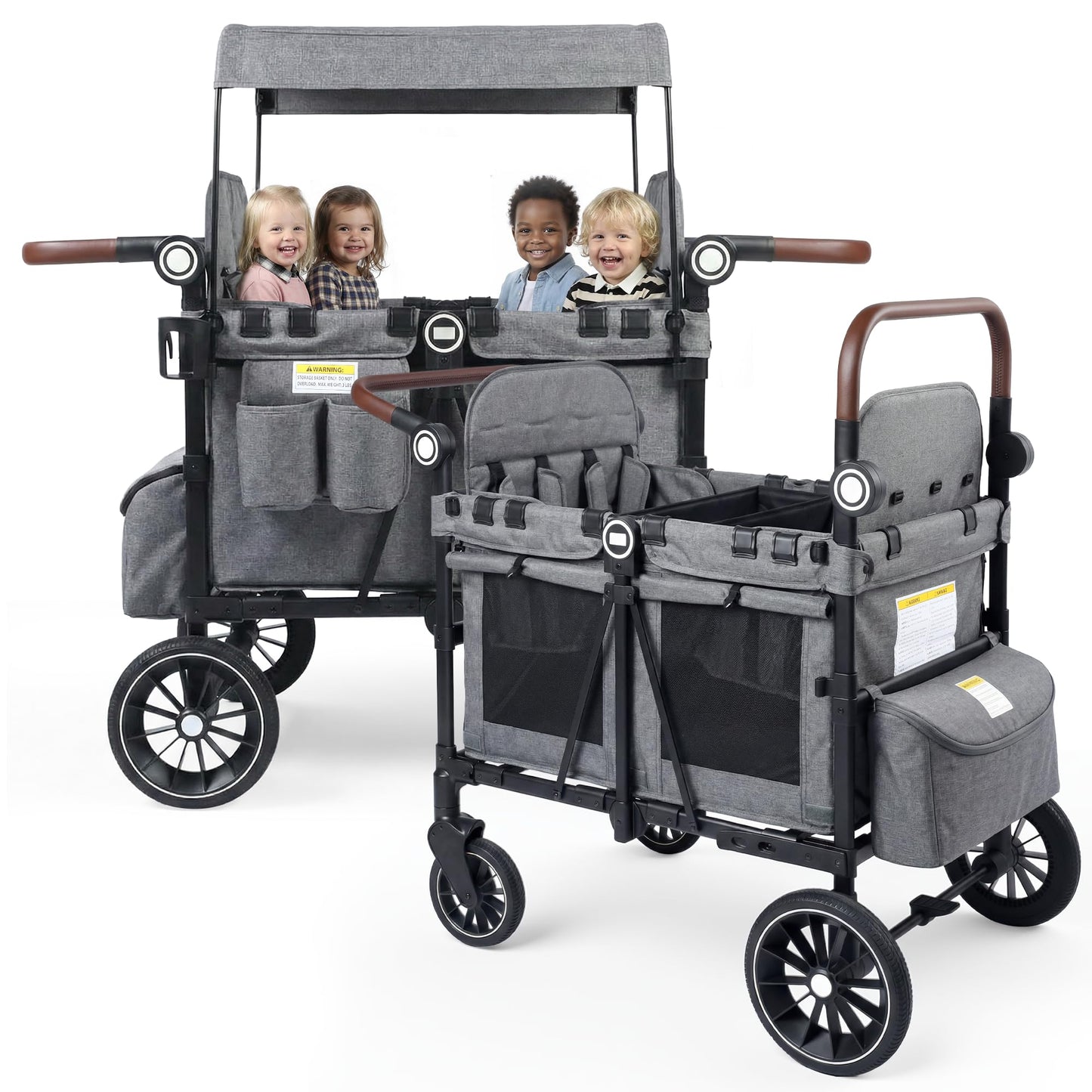 TODEFULL Wagon Stroller for 4 Kids, Foldable Kids Wagon Cart Featuring with Harnesses, Adjustable Double Push Handle, Removable Canopy, Snack Tray, Large Storage Bag