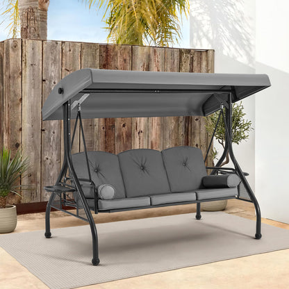 HOMREST 3 Seat Outdoor Porch Swing with 1.5" Deep Cup Holder, Adjustable Canopy,Patio Swing Bed with Stand, Patio Glider Swing with Thicken Cushions, Pillow(Grey)