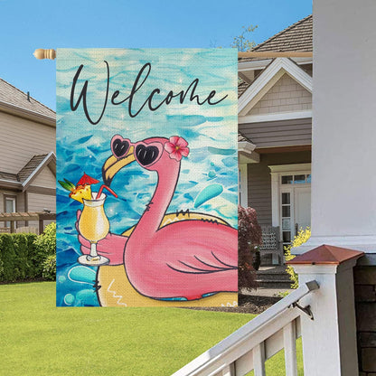 Welcome Summer House Flag, Flamingo Pool Decoration, Seasonal Outdoor Farmhouse Yard Double Sided 28x40 Inch