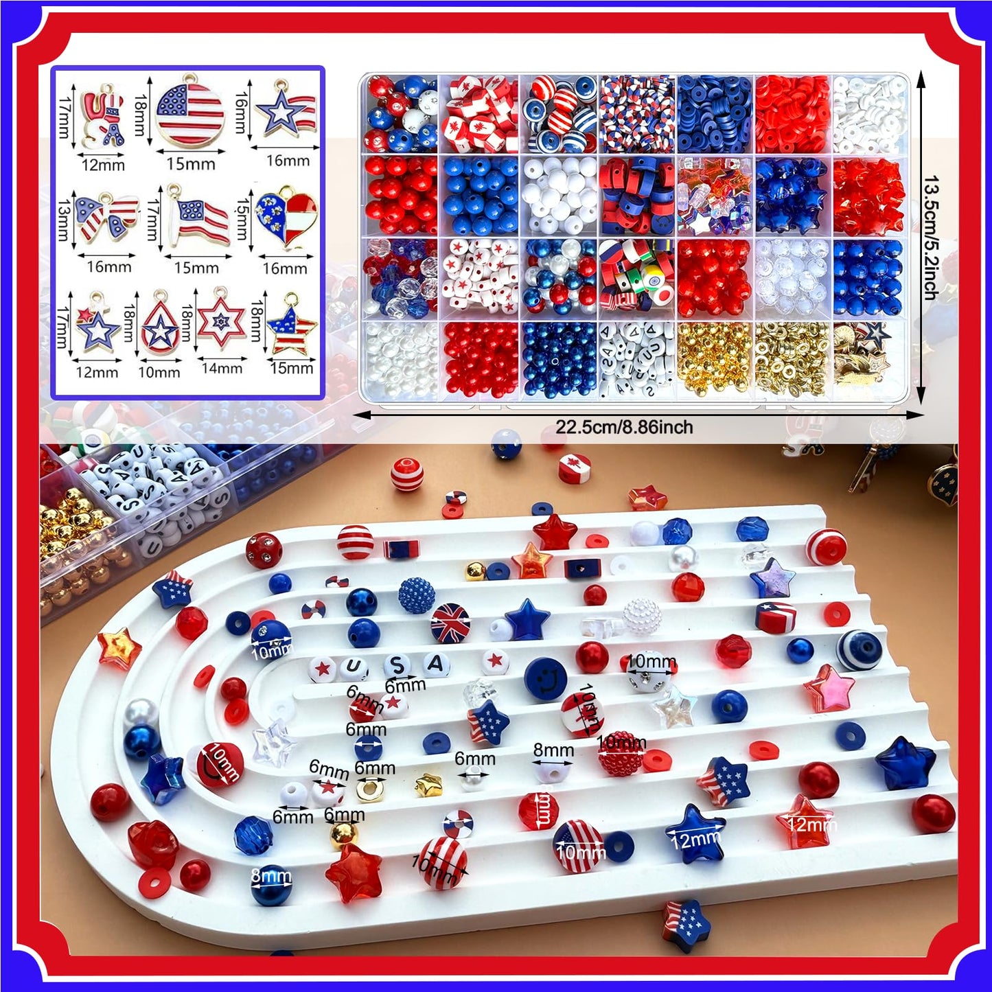 2100Pcs 4th of July Patriotic Beads Kit, Independence Day Bead Red White and Blue Polymer Clay Beads for Bracelets Jewelry Making Acrylic Round Star Letter Loose Beads with USA Patriotic Star Charms