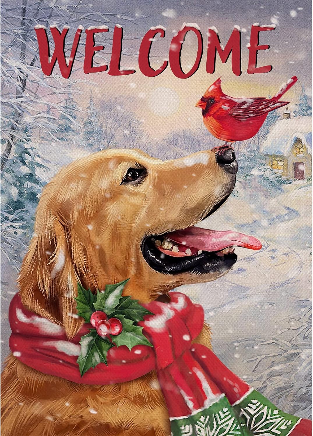 Welcome Winter Golden Retriever Dog Decorative Burlap Garden Flag, Puppy Cardinal Pet Home Yard Decor, Double Sided 12