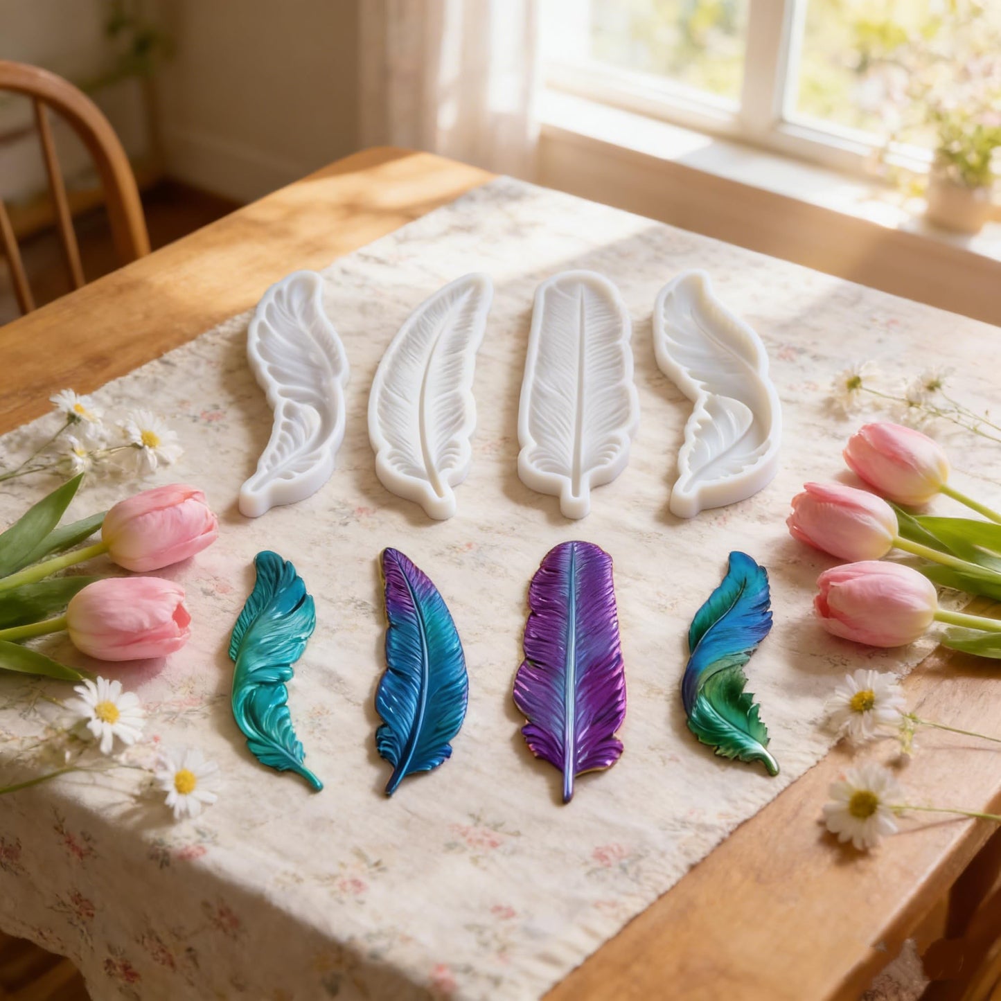 4-Piece 3D Feather Resin Molds Set, Decorative Wall Art Silicone Molds for Epoxy Casting, Home Decor Craft Making