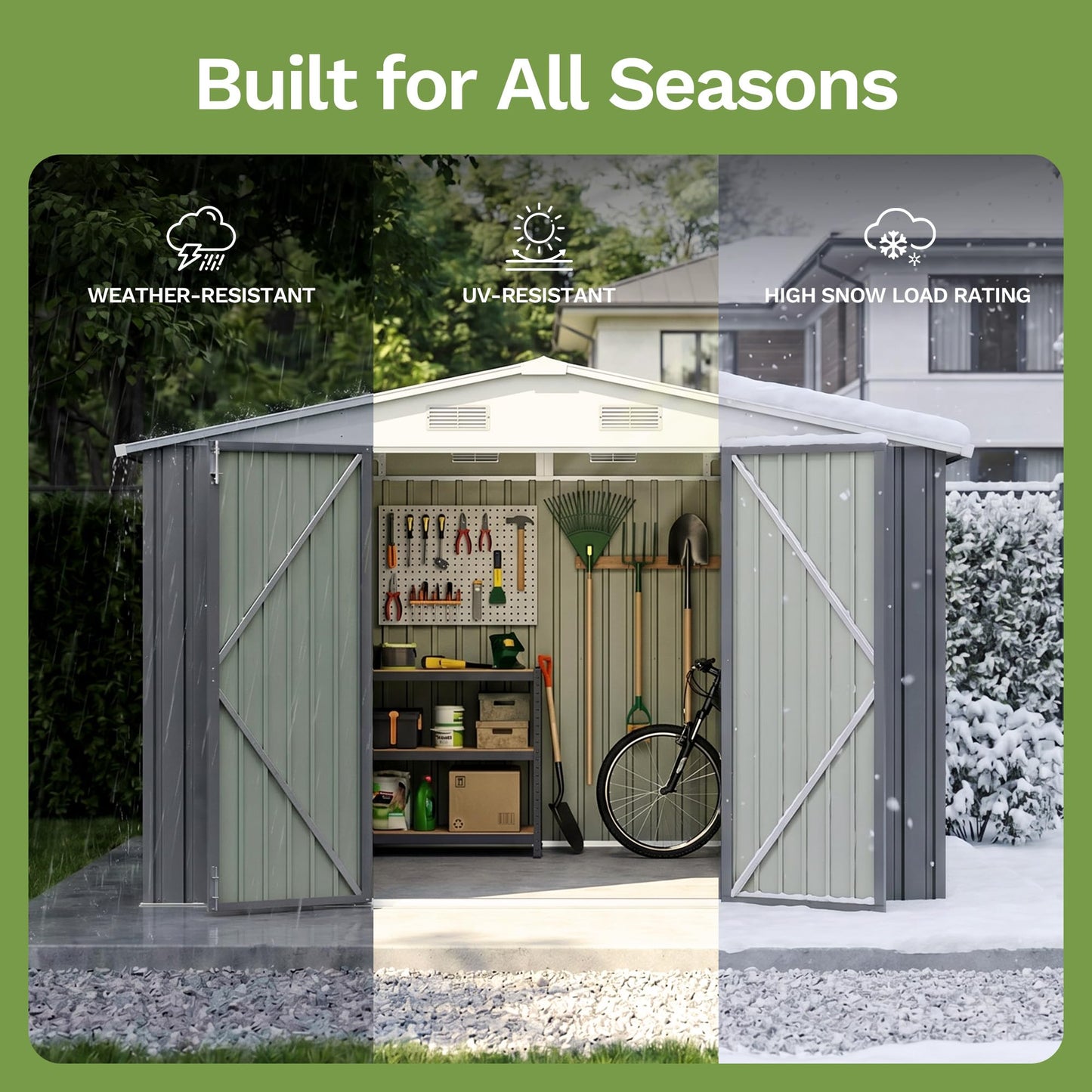 Greesum 10x12 FT Outdoor Storage Shed, Weather-Resistant Metal Tool Shed with Lockable Doors & Ventilation for Patio, Backyard, Poolside (Gray)