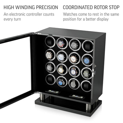 16 Watch Winder for Automatic Watches with LED Light and Coordinated Rotor Stop (Carbon)