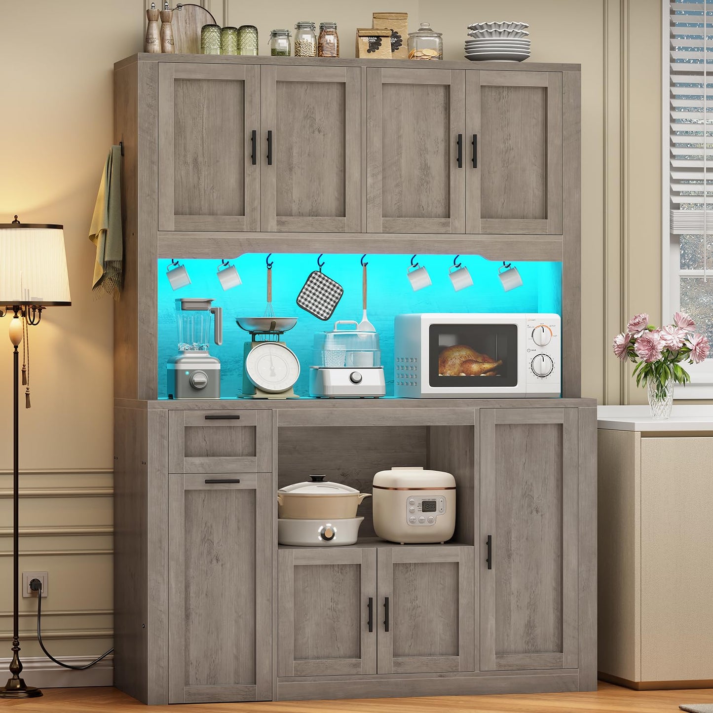 Itaar 71" Pantry Cabinet with Charging Station and LED Light, Kitchen Pantry Cabinet with Microwave Stand, 47.2" Wide Kitchen Storage Cabinets with Storage Cart 3 Tier for Dining Room, Grey