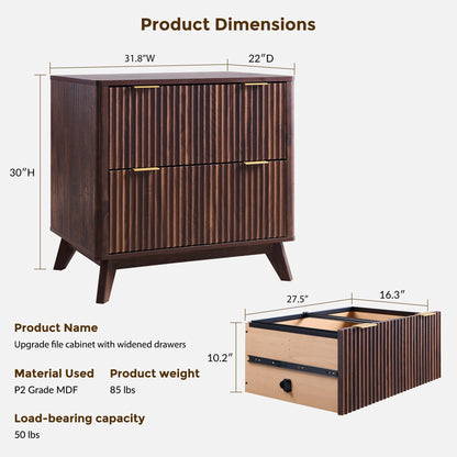 T4TREAM 2 Drawer File Cabinet, 32" Fluted Lateral File Cabinet w/Files Hanging Rod for Letter/Legal/A4, Large Tabletop for Printer, Office Wood Printer Cabinets, Dark Walnut (Gen 2)