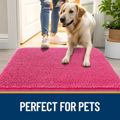 OLANLY Dog Door Mat - Absorbent Non-Slip Chenille Mat for Muddy Paws | 50x30, Quick Dry, Hot Pink
