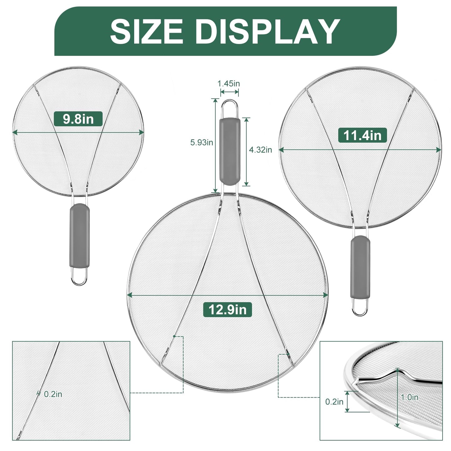 Splatter Screen for Frying Pan - 9.8" 11.4" 13" Stainless Steel Fine Mesh Grease Splatter Guard with Silicone Handle, Hot Oil Splash Guard for Cooking to Prevent Oil Splatter, Safe Cooking