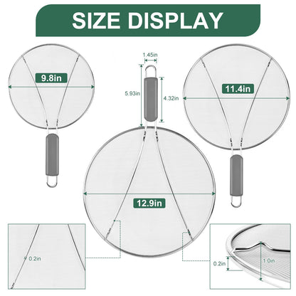 Splatter Screen for Frying Pan - 9.8" 11.4" 13" Stainless Steel Fine Mesh Grease Splatter Guard with Silicone Handle, Hot Oil Splash Guard for Cooking to Prevent Oil Splatter, Safe Cooking