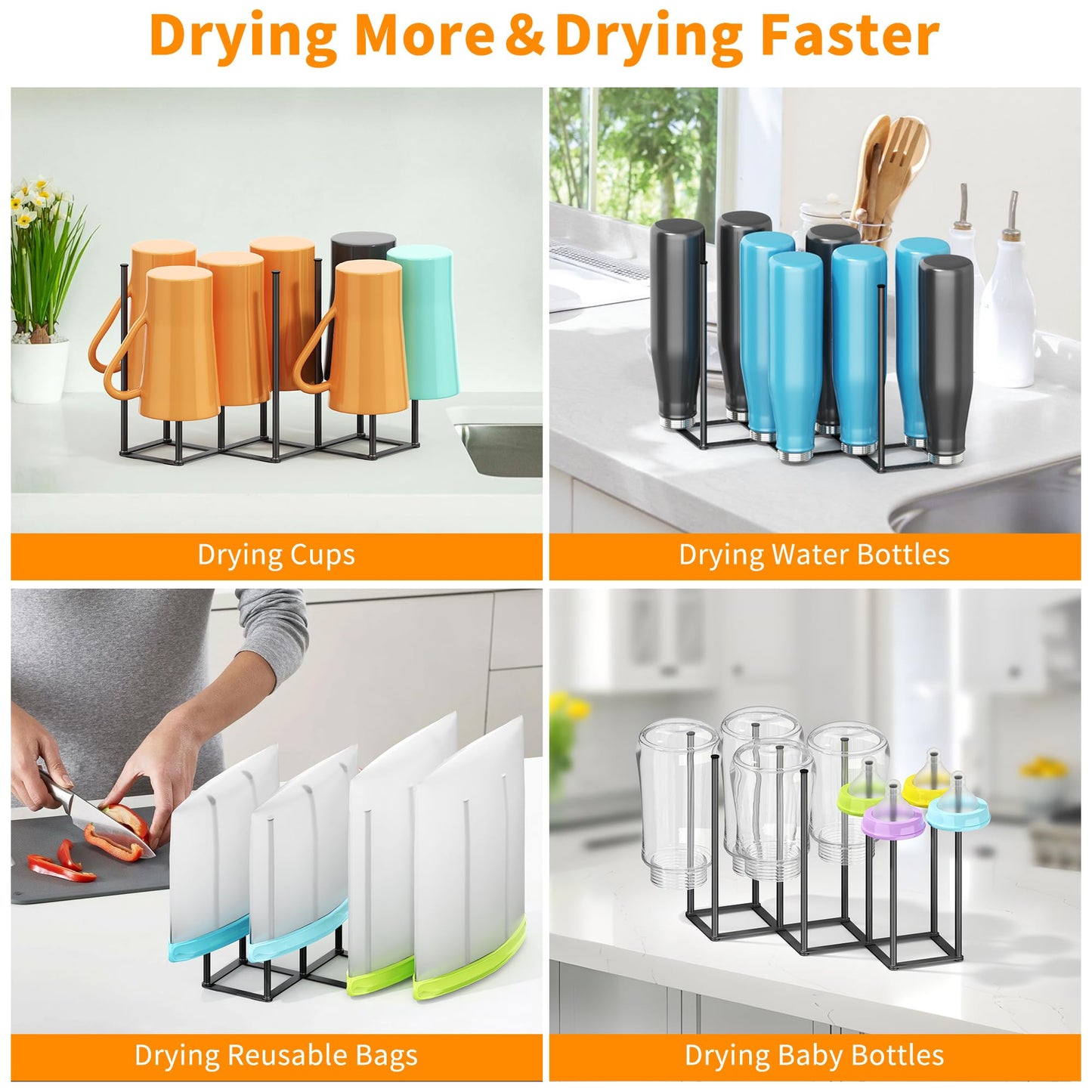 PLUVON Foldable Baby Bottle Drying Rack-10 Poles Water Bottle Organizer for Cups,Travel Mugs,Silicone Bags- Collapsible Stainless Steel Bottle Rack Dryer (Gray)