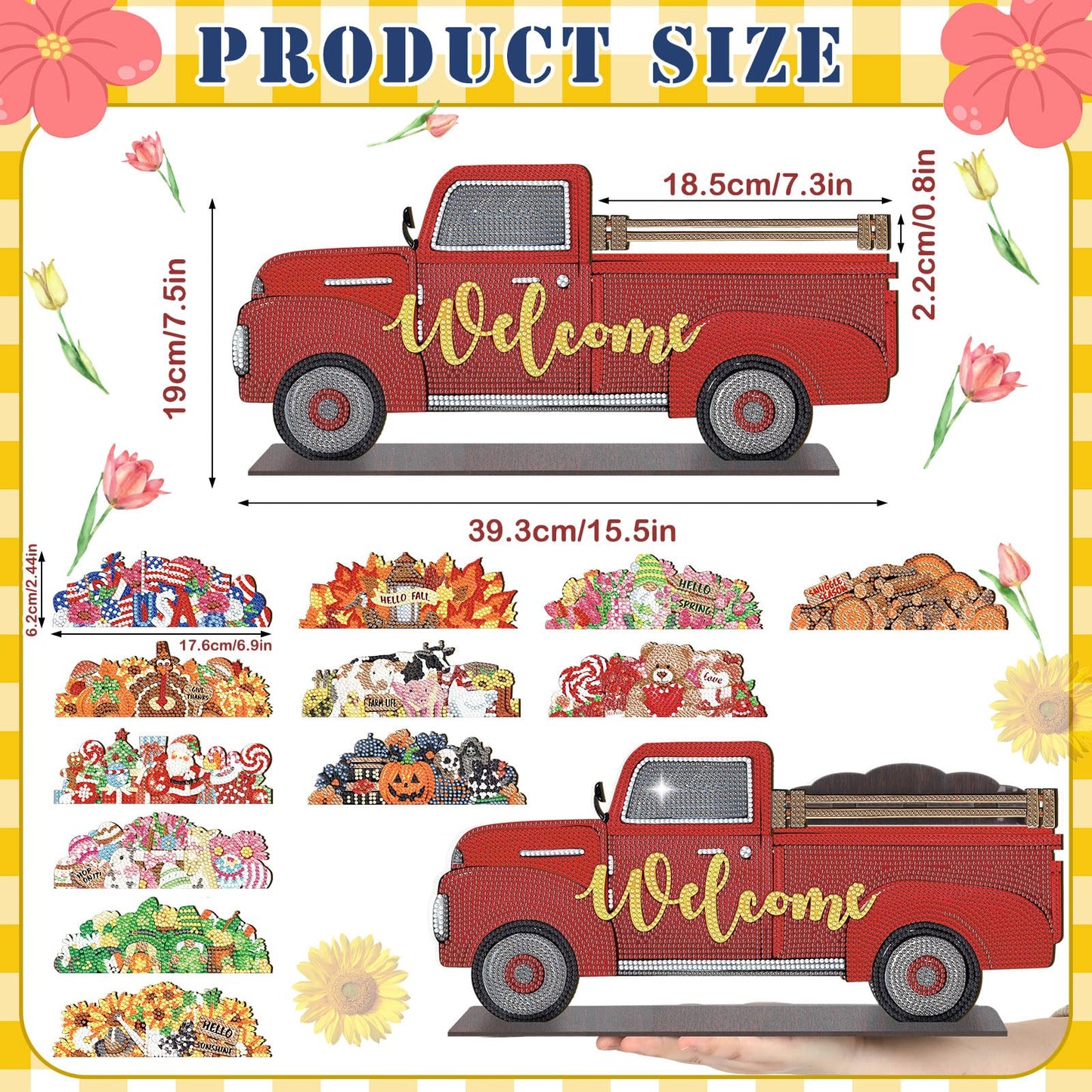 Burbell 13 Pcs Interchangeable Diamond Painting Art Welcome Signs Truck Stand Table Decor DIY Holiday Seasonal Tiered Tray Decoration Diamond Art Ornament Kits with 12 Holiday Icons for Home Wall