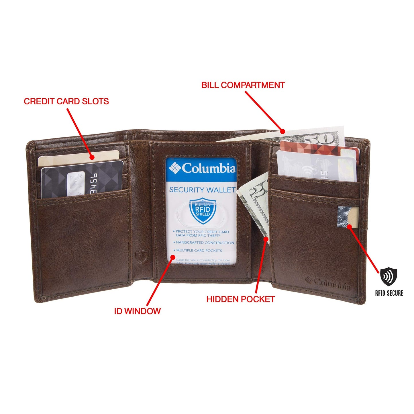 Columbia Men's RFID Blocking Security Trifold Wallet Accessory, -brown emboss, One Size