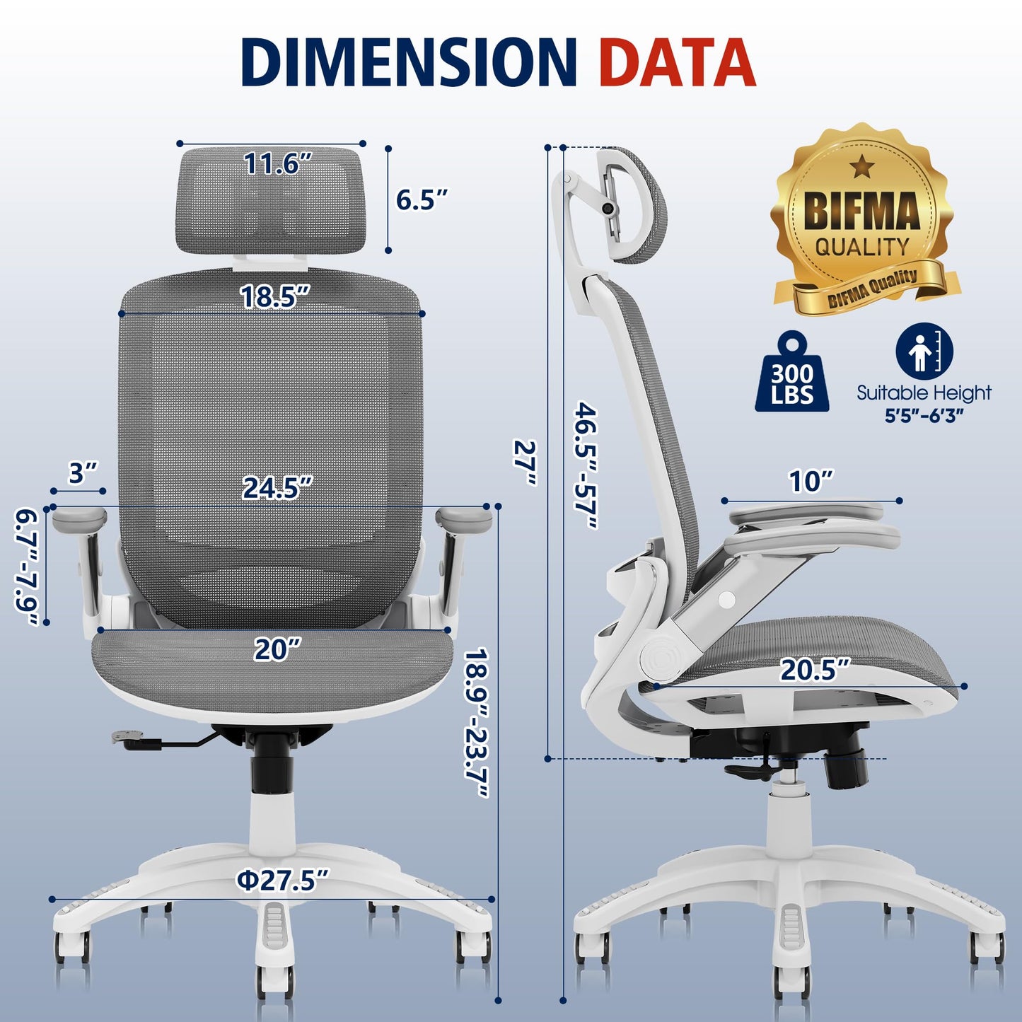 GABRYLLY Ergonomic Office Chair, High Back Home Desk Chair with Headrest, Flip-Up Arms, 90-120° Tilt Lock and Wide Cushion, 300LBS Mesh Chairs for Man Woman, White Task Chair(Dark Grey,GY01WDG)
