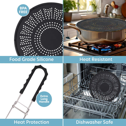 XL 11.5" Silicone Splatter Screen Shield- Multi Use Pan Cover with Foldable Handle & Built in Water Strainer- Protect from Oil, Grease with Shield Guard- Fits Most Kitchen Frying Pans, Heat Resistant