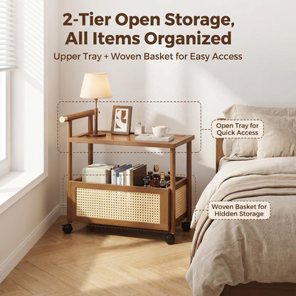 CTESNE【2-Tier Wooden Storage Organizer Shelf】 Bookcase with Wheels & Handle,Storage Shelves for Bathroom, Kitchen, Office, Craft, Makeup