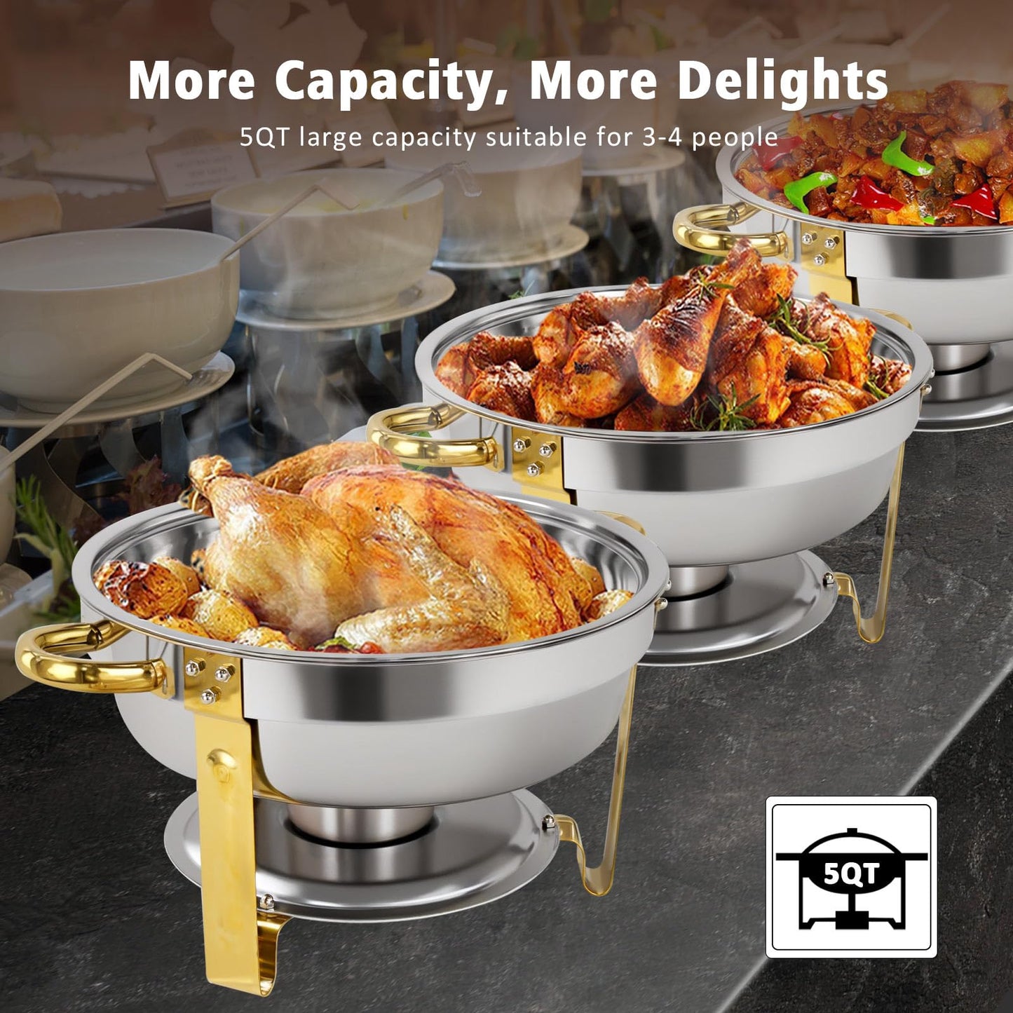 PRlJESSE 6QT Chafing Dishes for Buffet Set, Gold Round Chafing Dish Buffet Set with Glass Lid, chafers and Buffet Warmers Sets, Serving Food Warmer for Parties, Buffet (8 Pack)