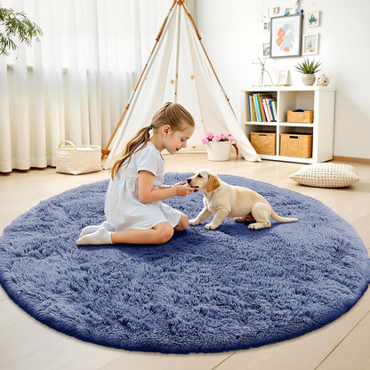 OLANLY Denim Blue Round Rug - Soft & Fluffy 8 ft Circle Area Rug for Bedroom, Living Room & Nursery Decor