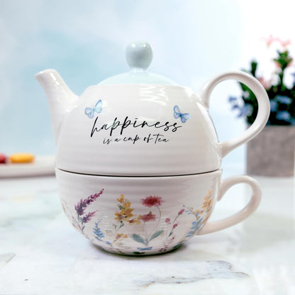 14.5 oz Set, Set, Summer 1 Count, Pavilion Gift Company - Happiness Ceramic Teapot and Tea Cup Watercolor Floral Tea