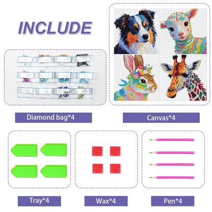 lesaonsy Animal Diamond Painting Kit for Kids, 4-Pack Set Diamond Art Kits for Boys & Girls, Gem Art DIY Craft -Dog, Lamb, Bunny, Giraffe